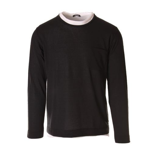 Officina36 mens black tricot sweater with wide white crew neck